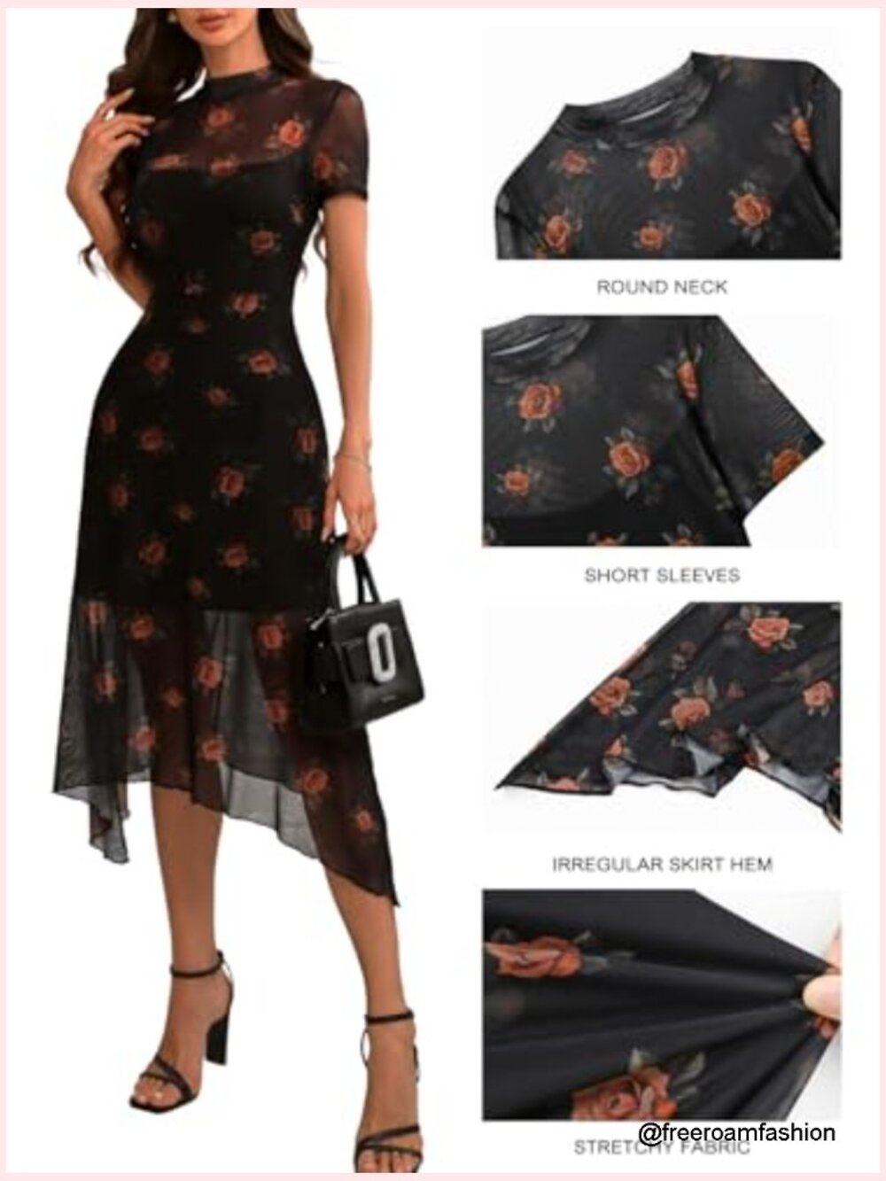 Floral Print Vintage Mesh Spliced Midi Dress with Irregular Hemline - Picture 6 of 7